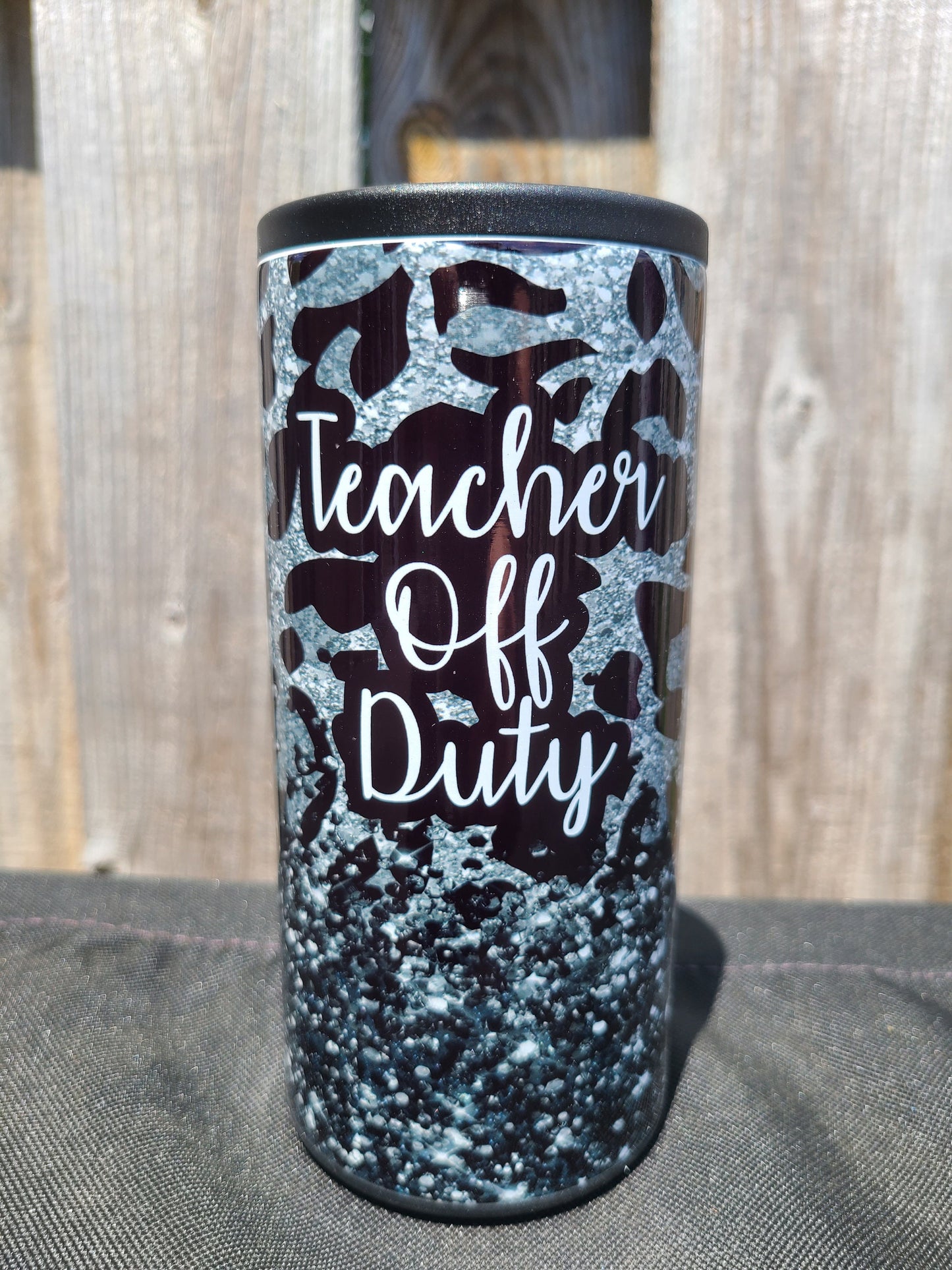 Teacher Off Duty Leopard Print Skinny Can Cooler - FAUX Glitter