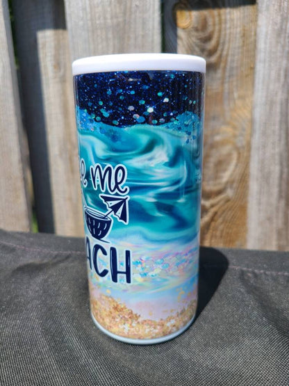 Take Me To The Beach Skinny Can Cooler - FAUX Glitter