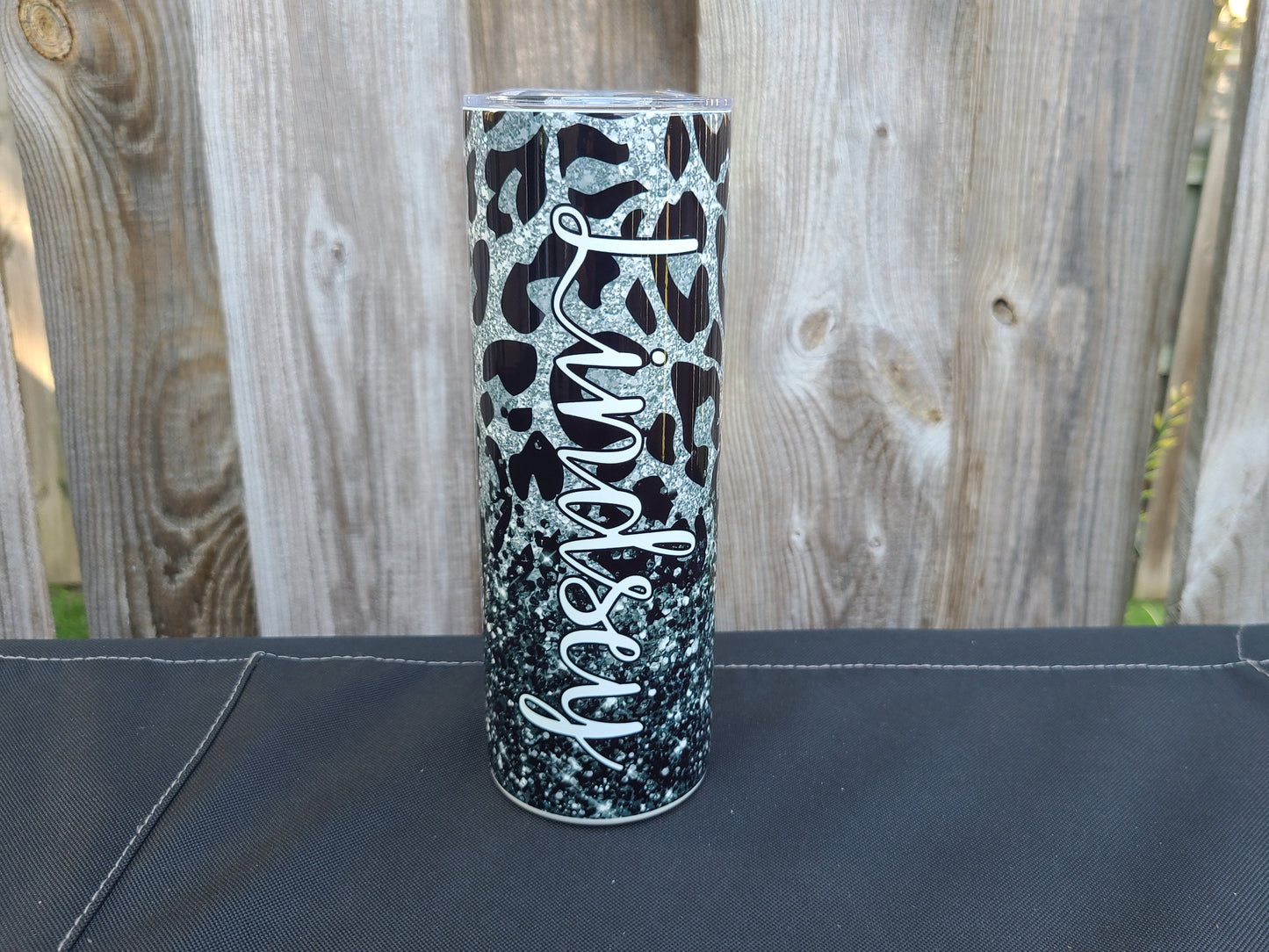 Personalized Black and Silver Leopard Tumbler