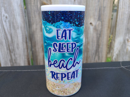 Eat Sleep Beach Repeat Skinny Can Cooler - FAUX Glitter