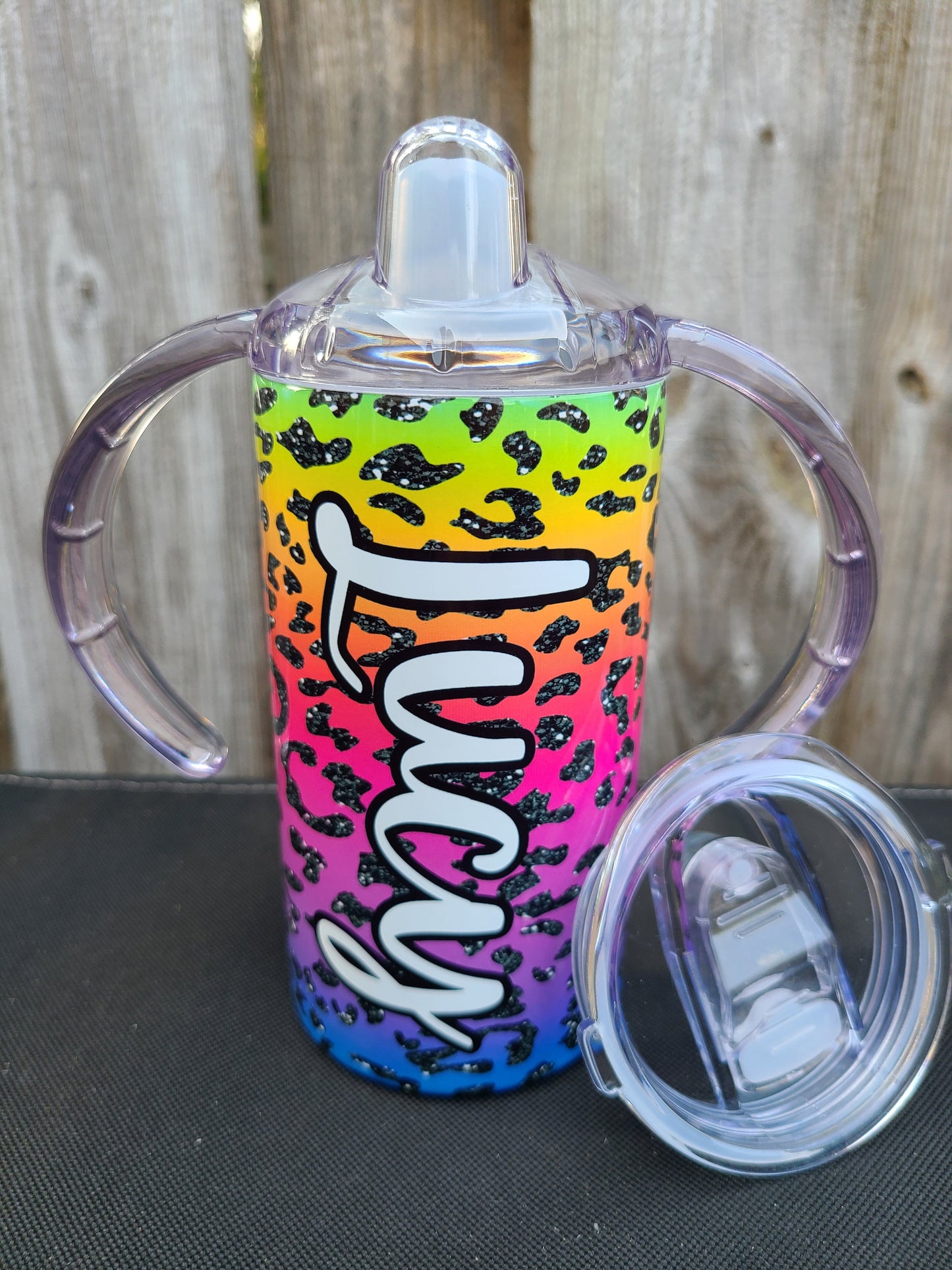 Rainbow Leopard Personalized Sippy Cup with Bonus Lid