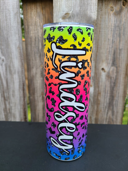 Rainbow Leopard Faux Glitter Personalized Skinny Tumbler