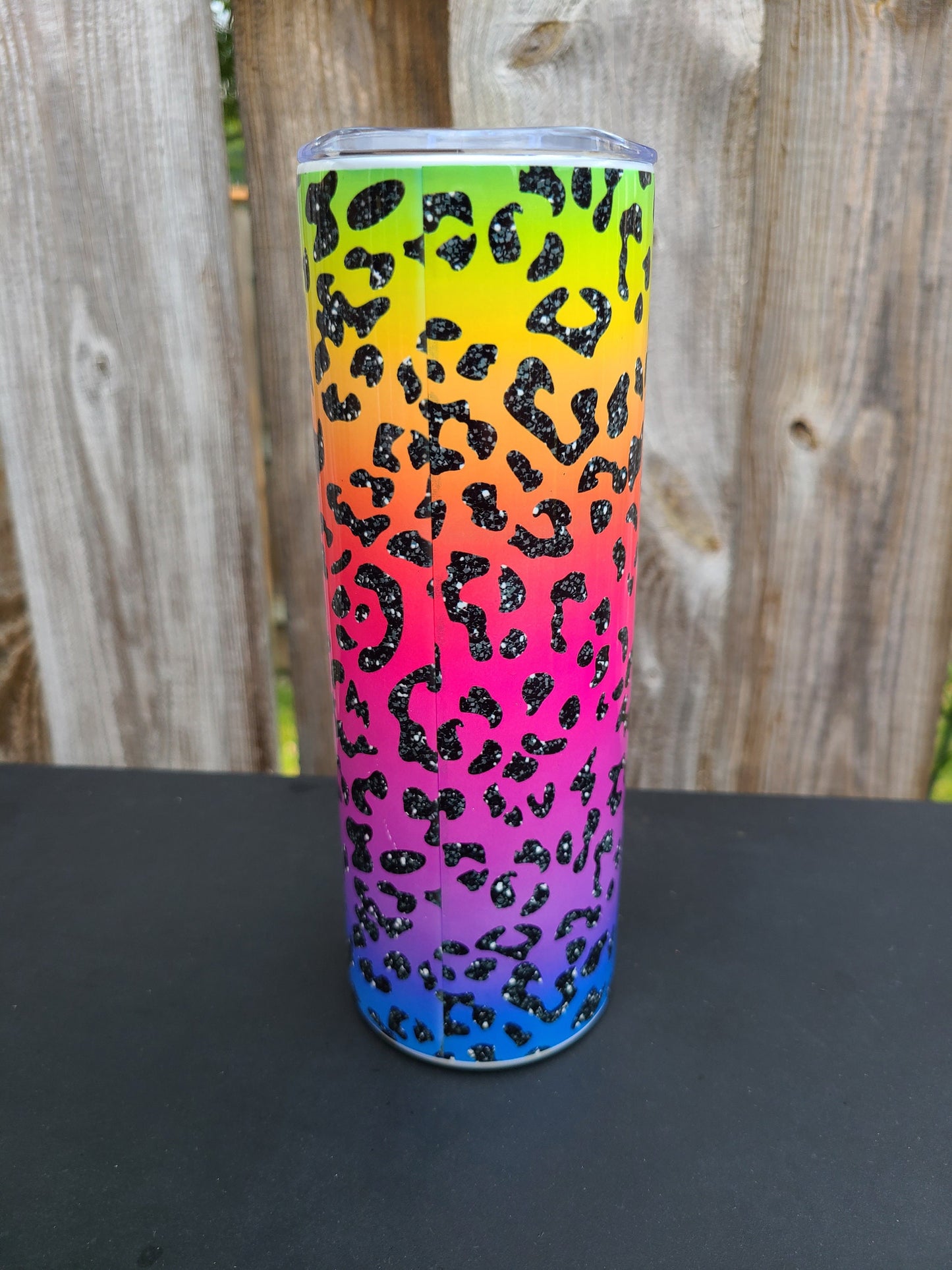 Rainbow Leopard Faux Glitter Personalized Skinny Tumbler