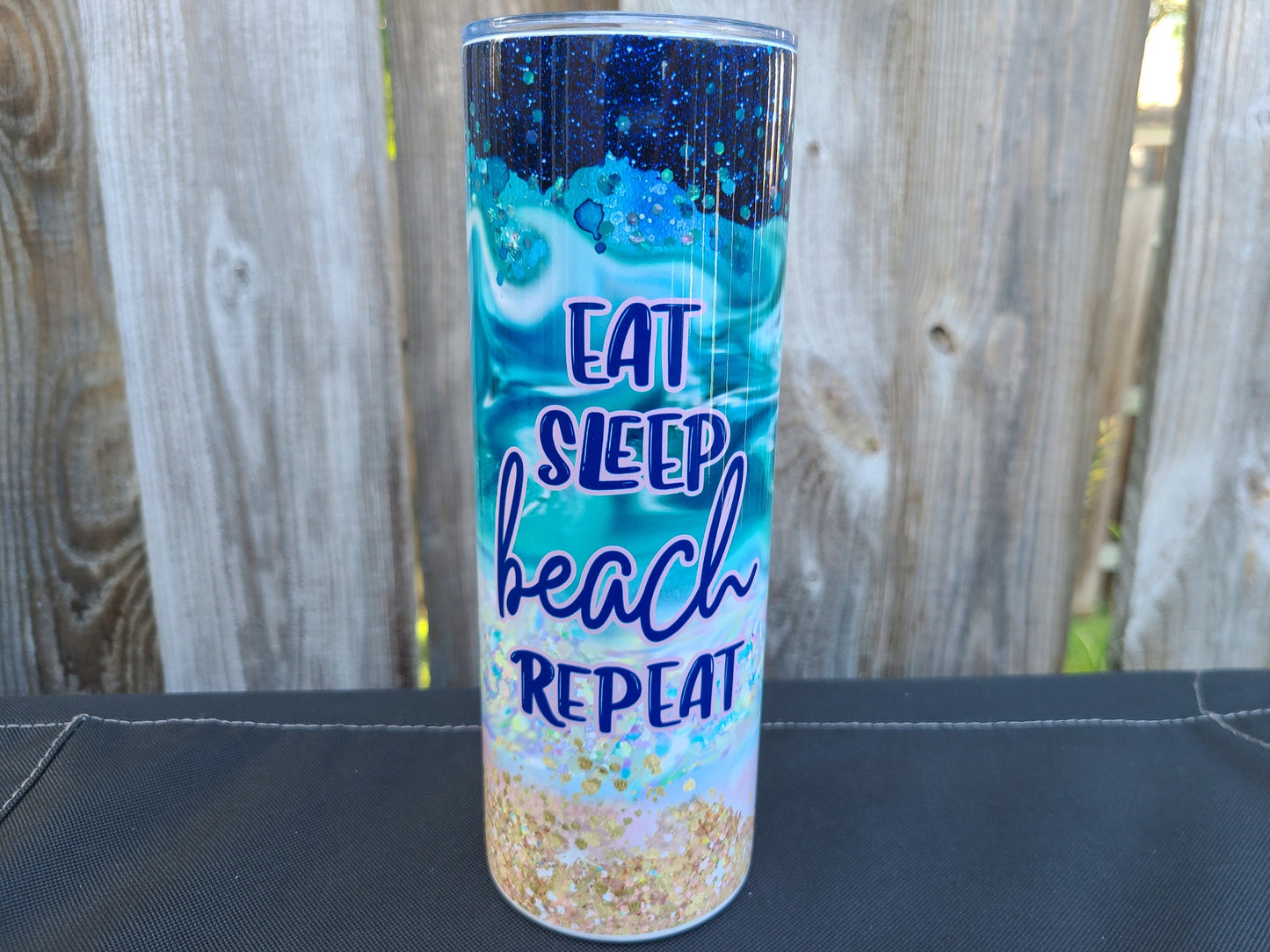 Eat Sleep Beach Repeat 20 oz Skinny Tumbler - FAUX Glitter