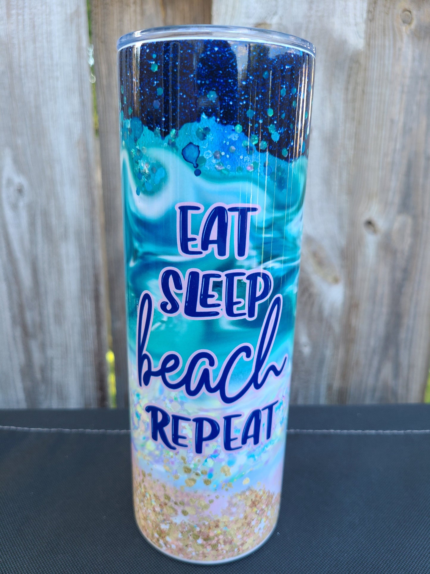 Eat Sleep Beach Repeat 20 oz Skinny Tumbler - FAUX Glitter
