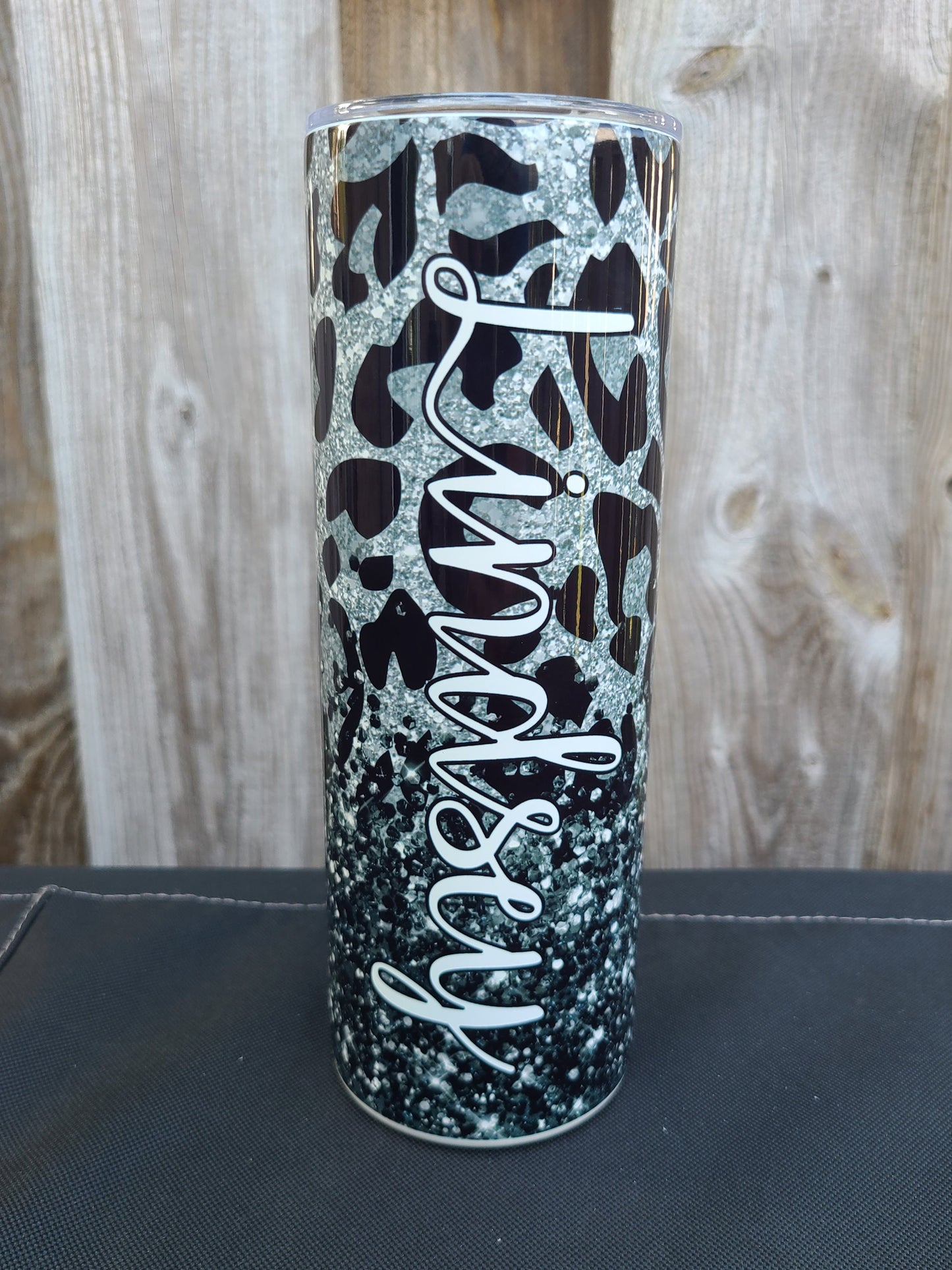 Personalized Black and Silver Leopard Tumbler