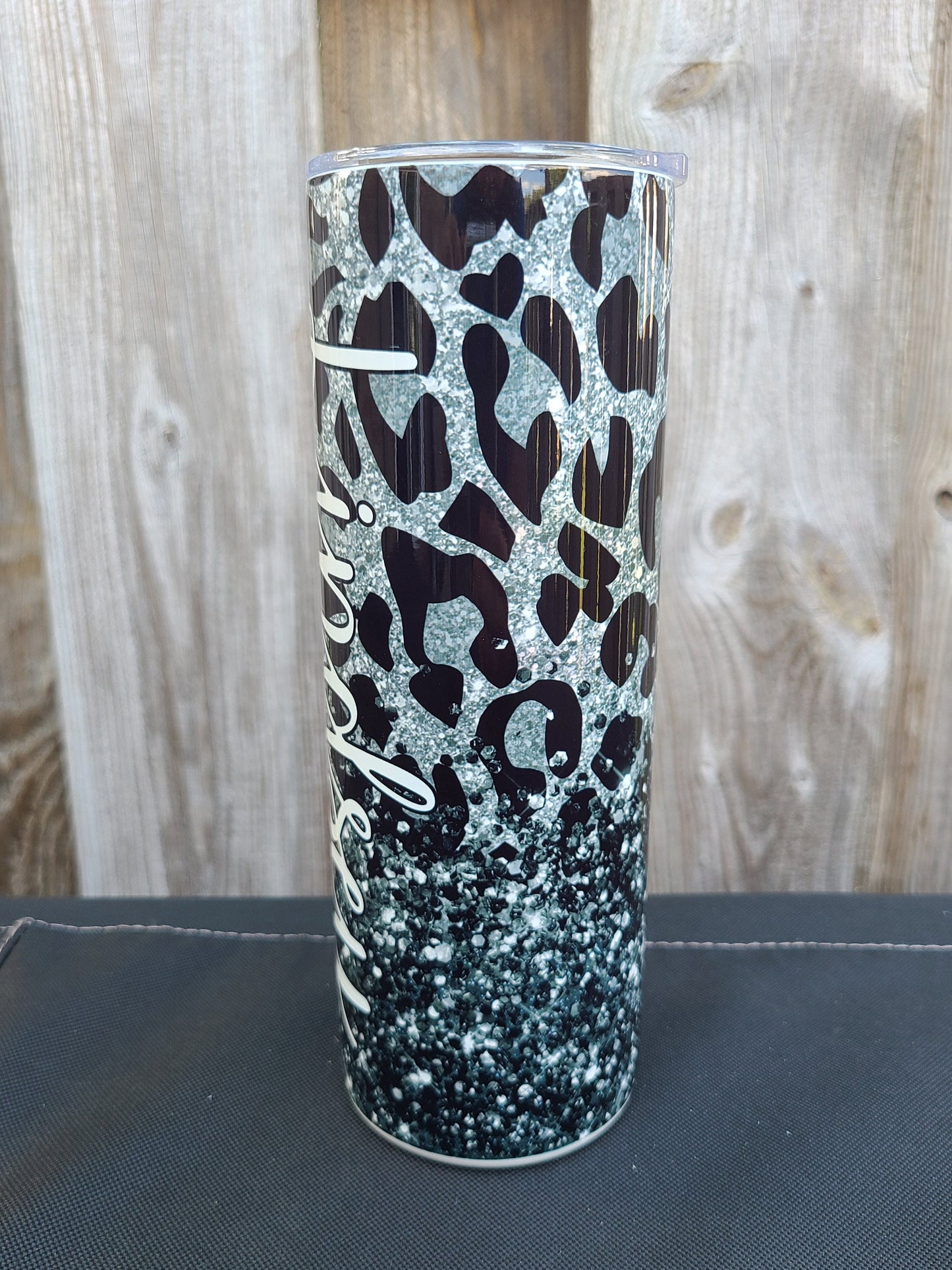 Personalized Black and Silver Leopard Tumbler