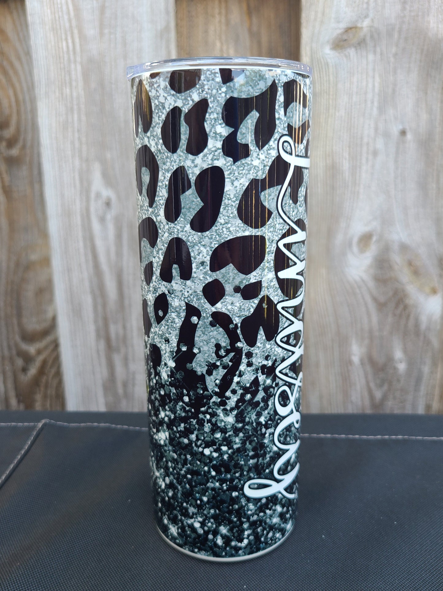 Personalized Black and Silver Leopard Tumbler