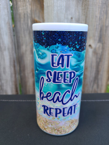 Eat Sleep Beach Repeat Skinny Can Cooler - FAUX Glitter