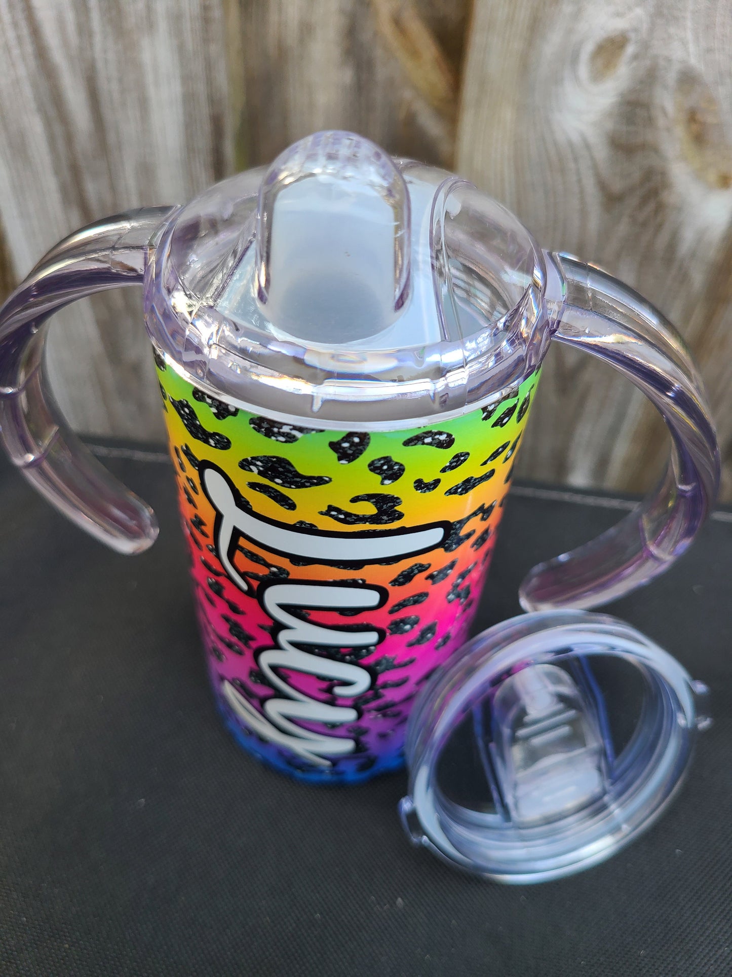 Rainbow Leopard Personalized Sippy Cup with Bonus Lid