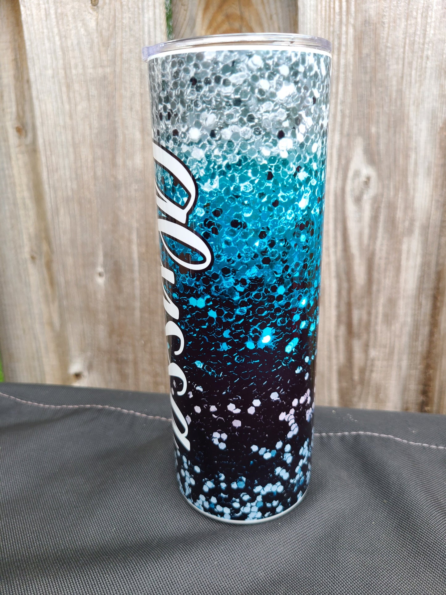 Personalized Black and Teal Tumbler, 20 oz Skinny Tumbler, Faux Glitter Tumbler, Christmas Gift for Sister, Christmas Gift for Mom, Name Cup