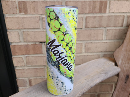 Personalized Softball Swirl 20 oz Skinny Tumbler - FAUX Glitter
