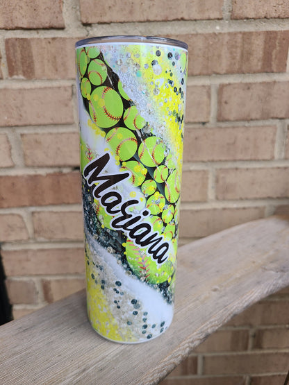 Personalized Softball Swirl 20 oz Skinny Tumbler - FAUX Glitter