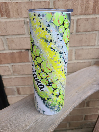Personalized Softball Swirl 20 oz Skinny Tumbler - FAUX Glitter