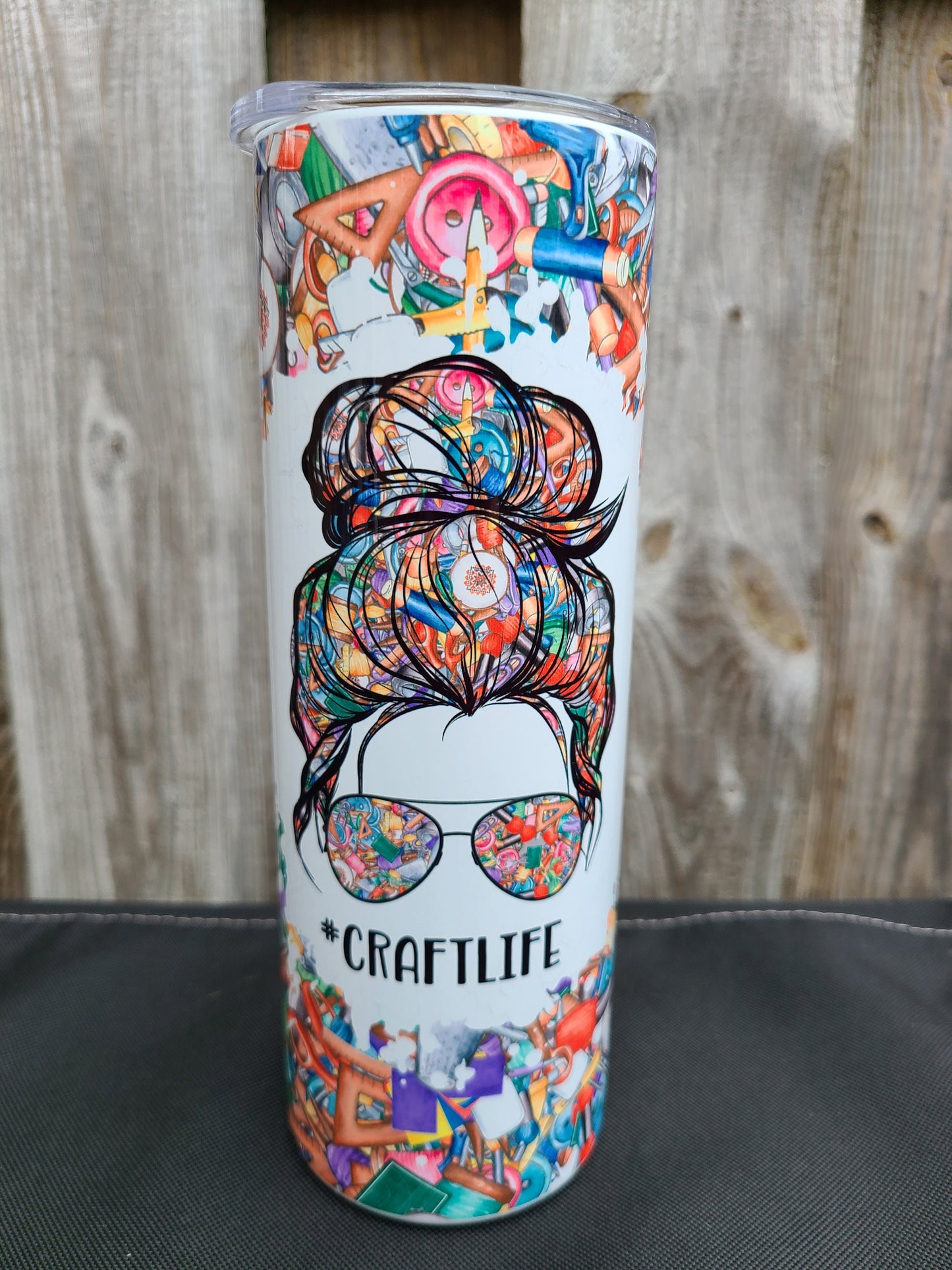 skinny tumbler in multicolors mom with messy bun and shadys #craftlife