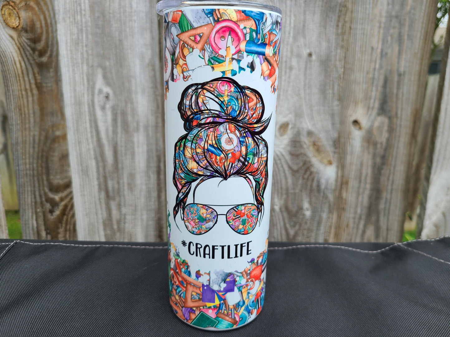 skinny tumbler in multicolors mom with messy bun and shadys #craftlife