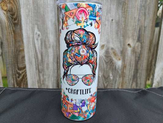 skinny tumbler in multicolors mom with messy bun and shadys #craftlife