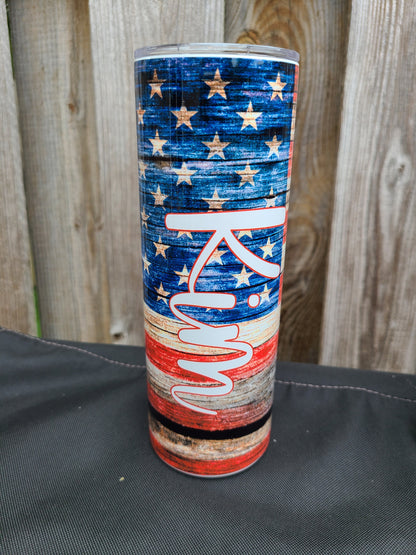 Personalized American Flag 20 oz Skinny Tumbler or Skinny Can Cooler