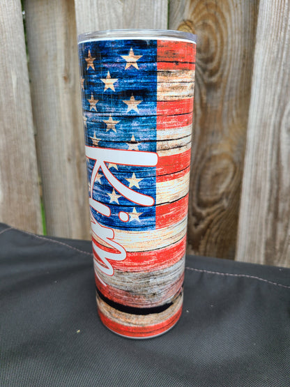 Personalized American Flag 20 oz Skinny Tumbler or Skinny Can Cooler