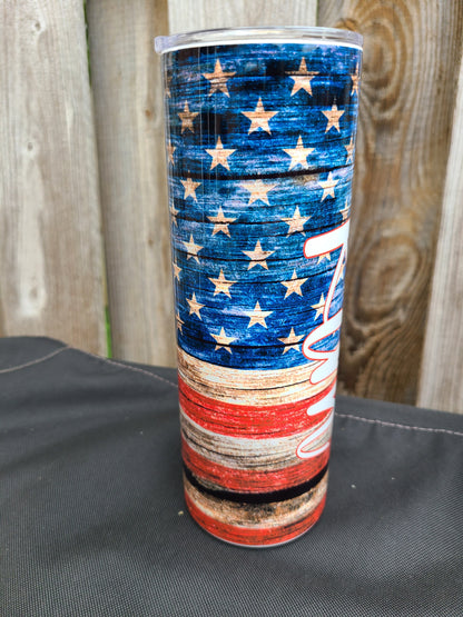 Personalized American Flag 20 oz Skinny Tumbler or Skinny Can Cooler