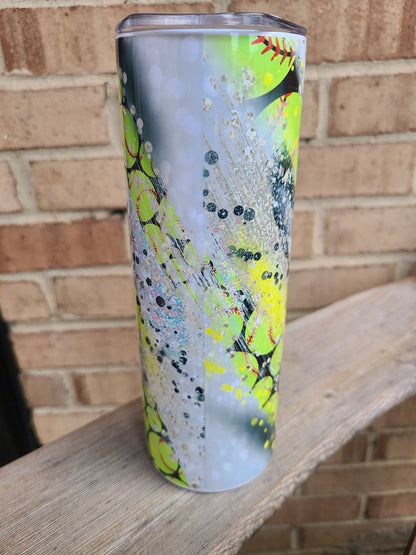 Personalized Softball Swirl 20 oz Skinny Tumbler - FAUX Glitter