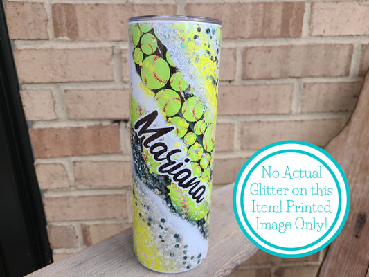 Personalized Softball Swirl 20 oz Skinny Tumbler - FAUX Glitter