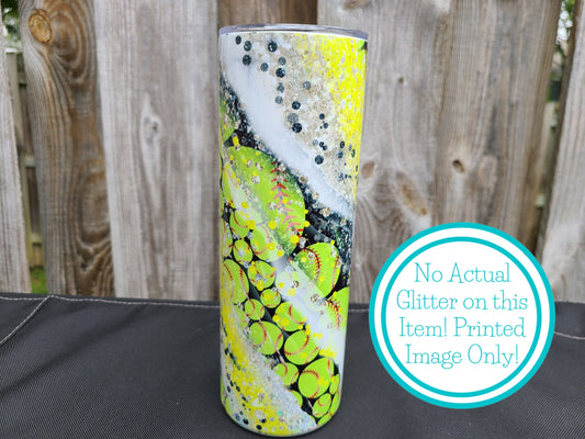 Softball Swirl 20 oz Skinny Tumbler - FAUX Glitter