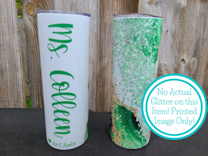 Green and Gold Marble Personalized Tumbler - FAUX Glitter