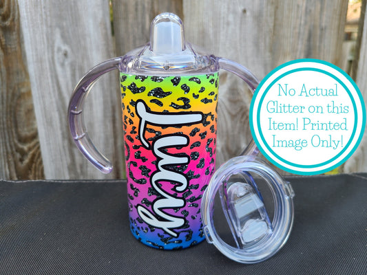 Rainbow Leopard Personalized Sippy Cup with Bonus Lid