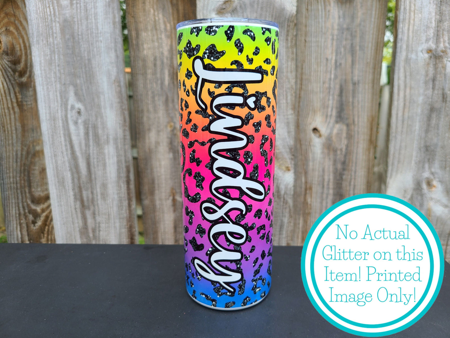 Rainbow Leopard Faux Glitter Personalized Skinny Tumbler