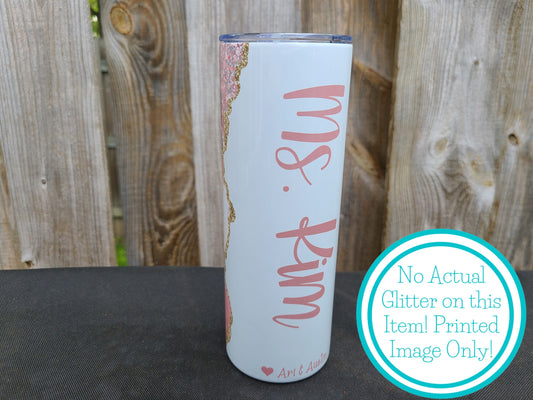 Pink and Gold Marble Faux Glitter Print Skinny Tumbler Peronalized