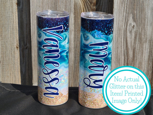 Personalized Ocean Vibes Skinny Tumbler - FAUX Glitter