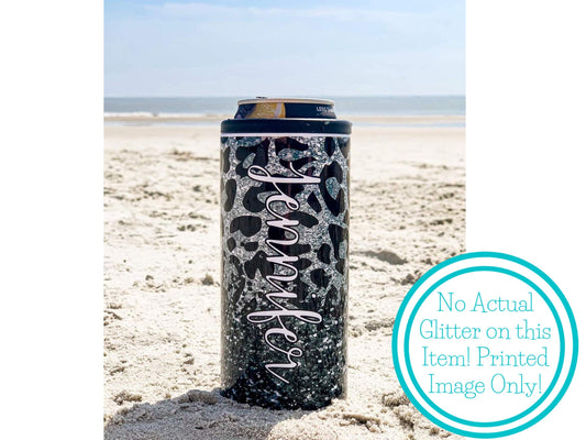 Personalized Black and Silver Leopard Skinny Can Cooler