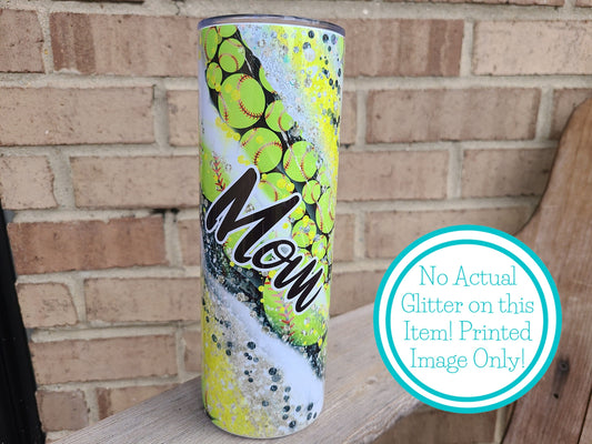 Softball Mom Swirl 20 oz Skinny Tumbler - FAUX Glitter