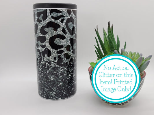 Black and Silver Leopard Skinny Can Cooler - FAUX Glitter