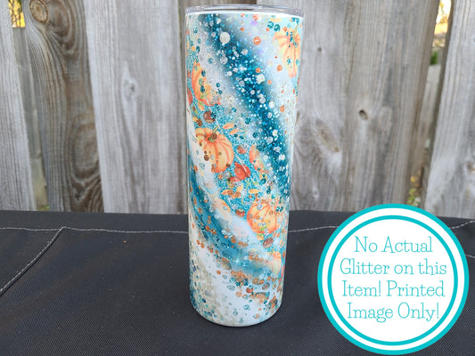 Pumpkin Fall Teal Swirl Skinny Tumbler - FAUX Glitter