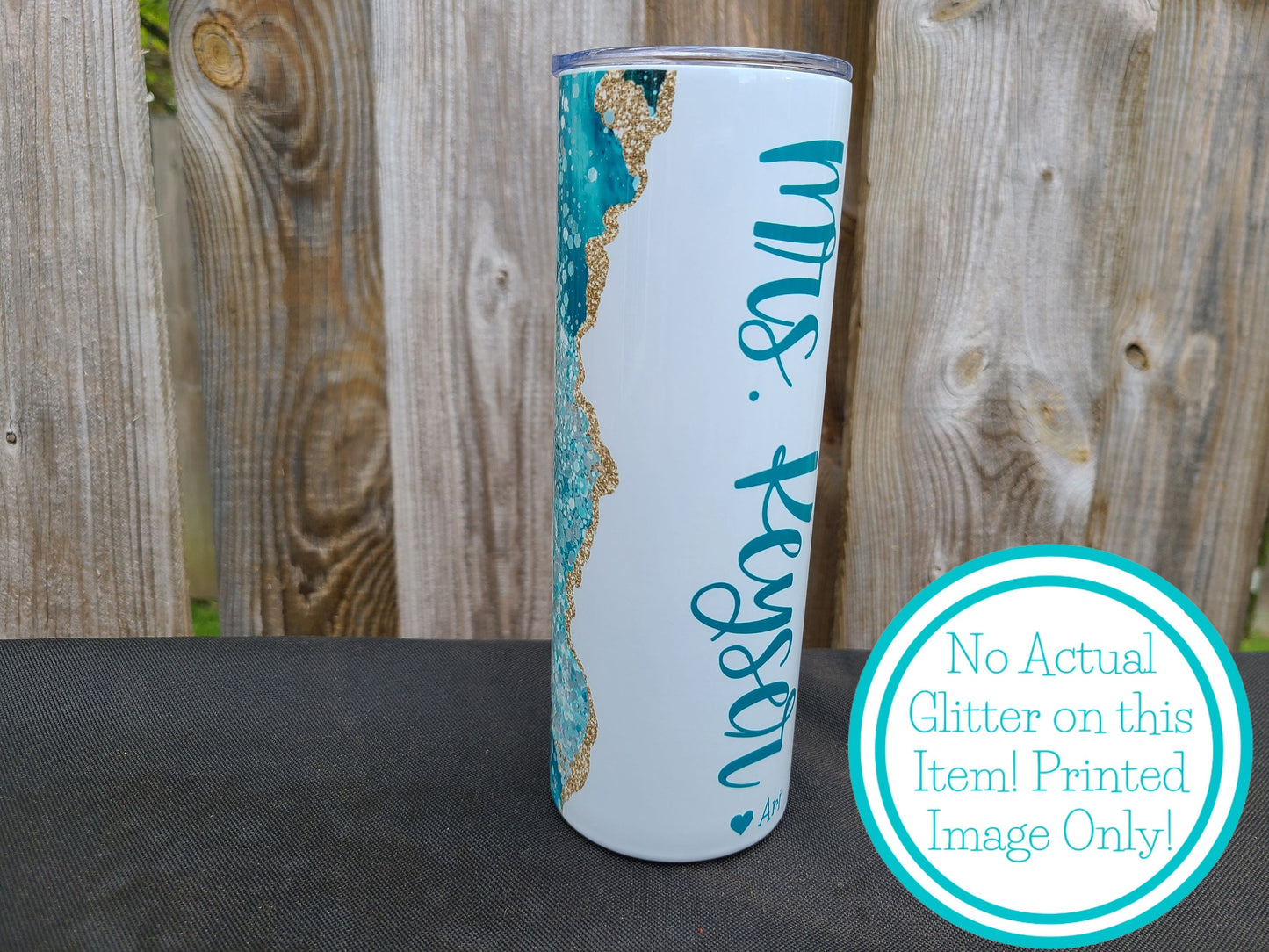 Teal & Gold Marble Personalized Skinny Tumbler - FAUX Glitter