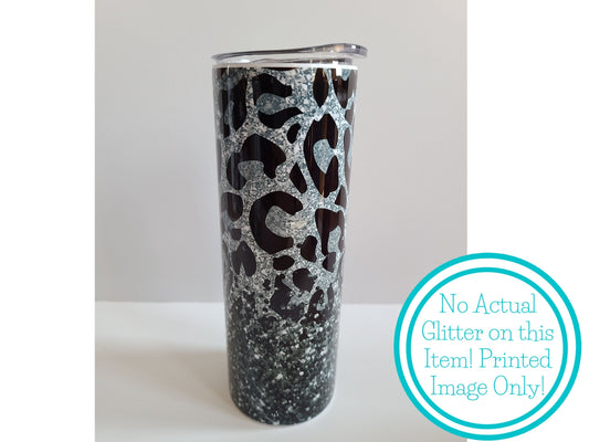 Black and Silver Leopard Print 20 oz Skinny Tumbler - FAUX Glitter