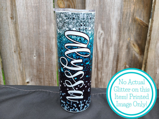 Personalized Black and Teal Tumbler, 20 oz Skinny Tumbler, Faux Glitter Tumbler, Christmas Gift for Sister, Christmas Gift for Mom, Name Cup