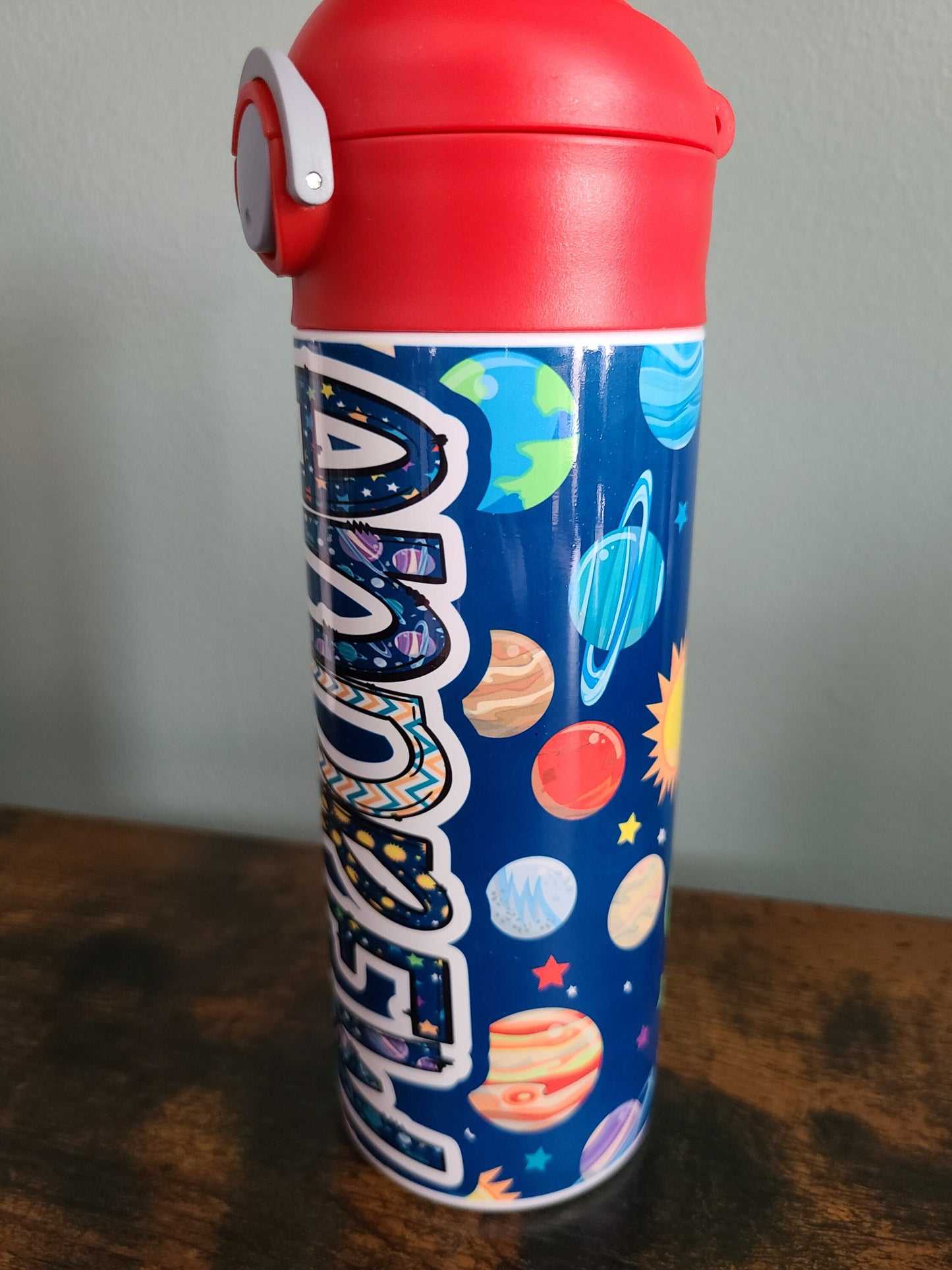 Personalized Space Themed Water Bottle - 12 oz Flip Top Water Bottle with Straw