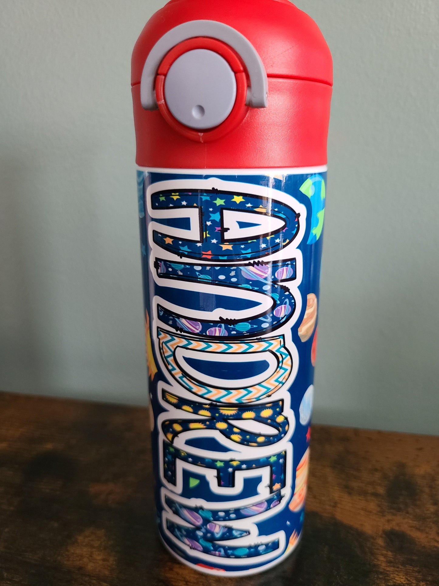 Personalized Space Themed Water Bottle - 12 oz Flip Top Water Bottle with Straw