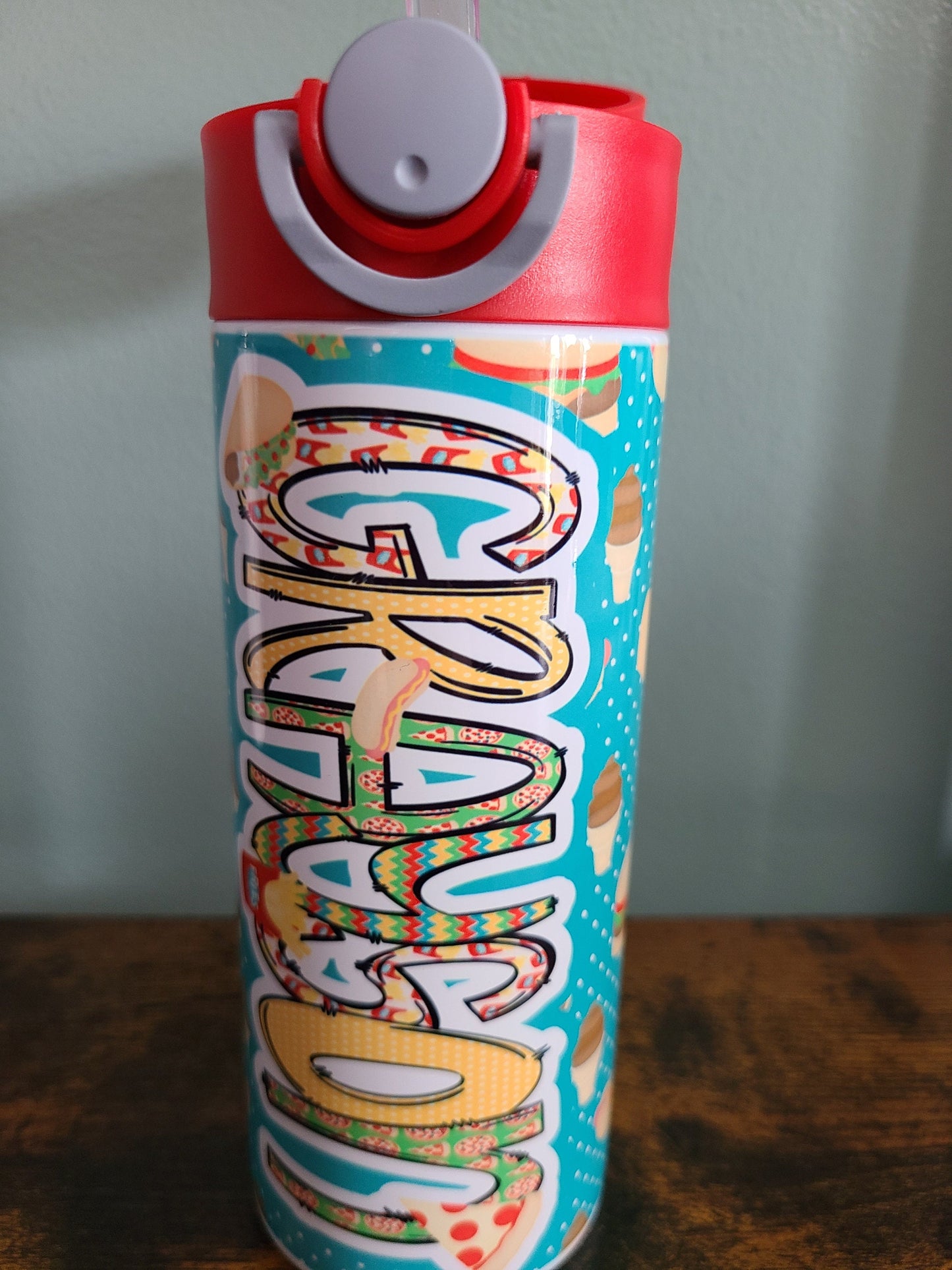 Personalized Fast Food Theme Water Bottle - 12 oz Flip Top Water Bottle with Straw