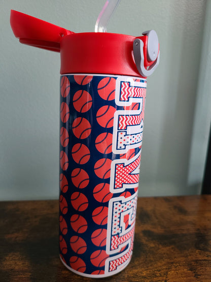 Personalized Red and Blue Baseball Water Bottle - 12 oz Flip Top Water Bottle with Straw