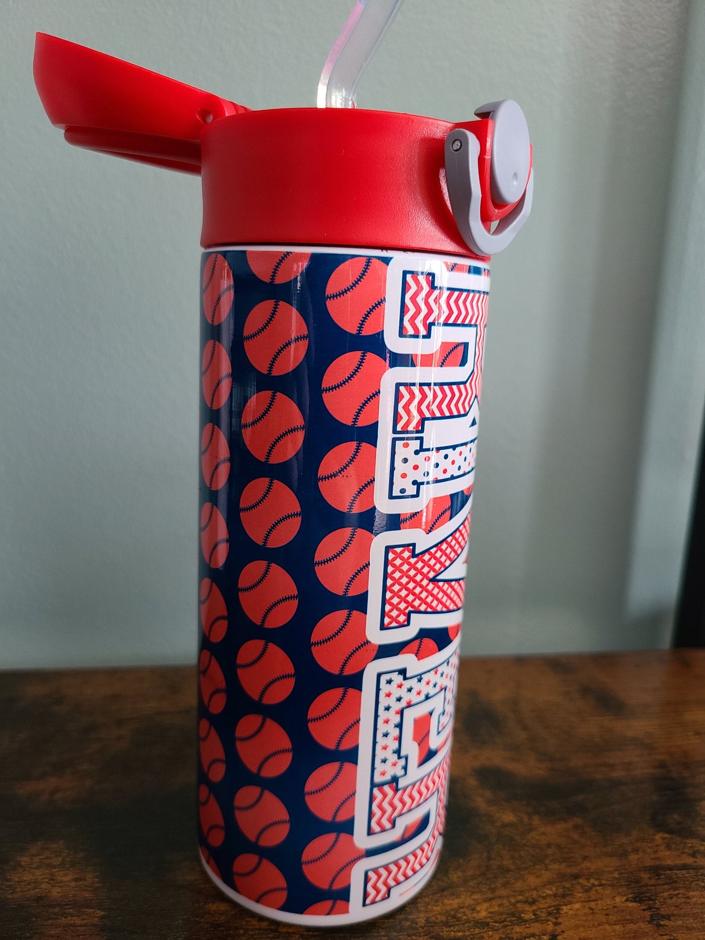 Personalized Red and Blue Baseball Water Bottle - 12 oz Flip Top Water Bottle with Straw