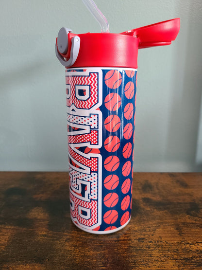 Personalized Red and Blue Baseball Water Bottle - 12 oz Flip Top Water Bottle with Straw