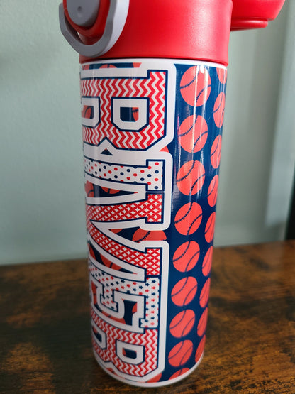 Personalized Red and Blue Baseball Water Bottle - 12 oz Flip Top Water Bottle with Straw