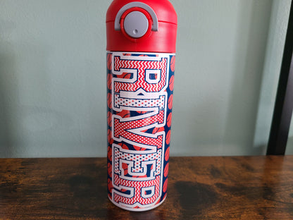 Personalized Red and Blue Baseball Water Bottle - 12 oz Flip Top Water Bottle with Straw