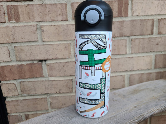 Personalized Baseball Water Bottle - 12 oz Flip Top Water Bottle with Straw