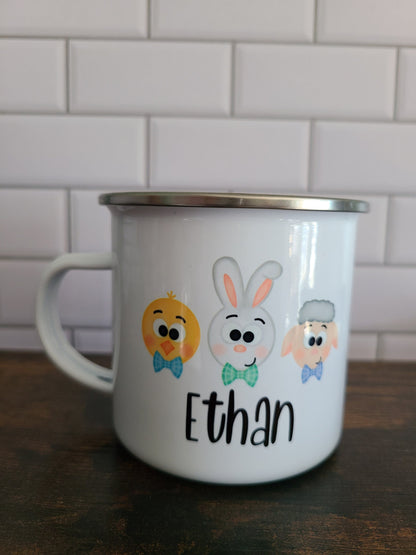 Easter Kids Mugs - 10 oz Enamel Coated Metal Mugs Personalized