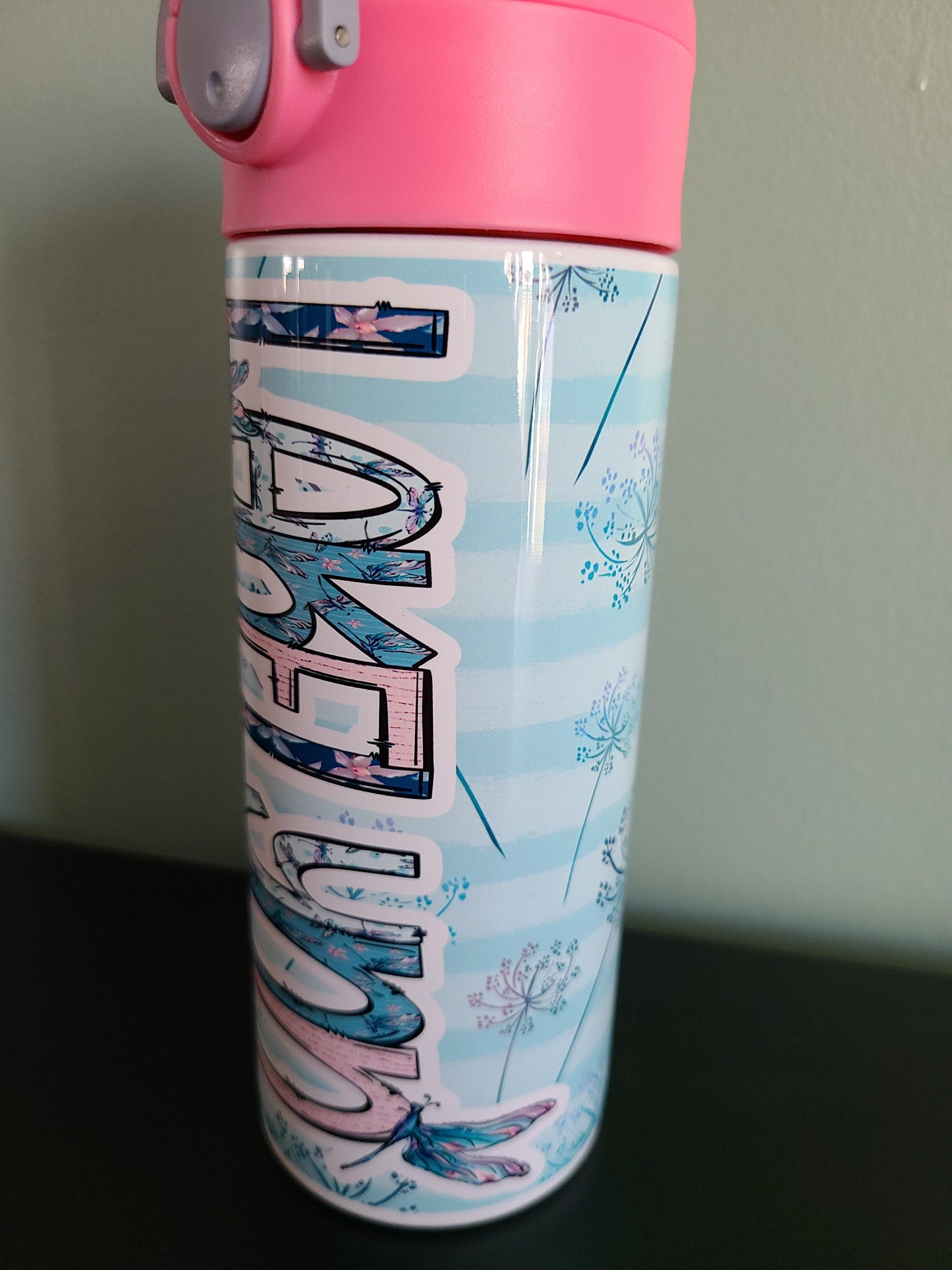 Personalized Dragonfly Water Bottle - 12 oz Flip Top Water Bottle with Straw